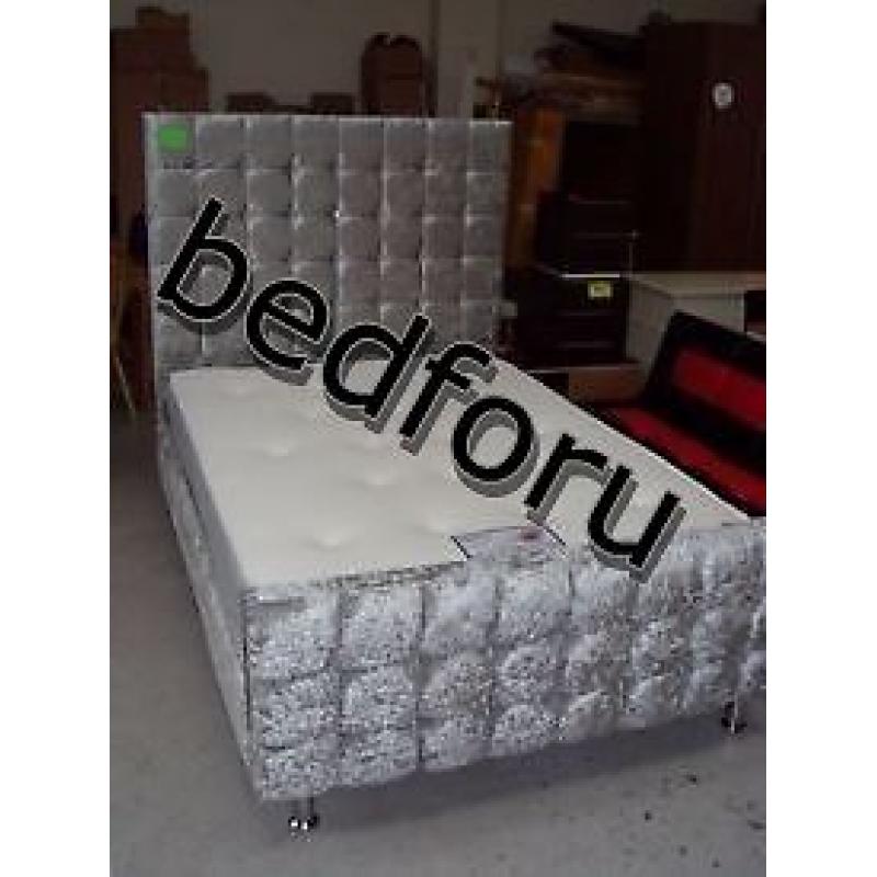 Cube Diamond Crush Velvet High Head Double Frame Bed with Memory Foam Or Orthopedic Mattress.